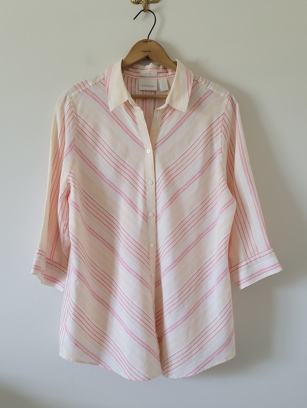 Chico's No Iron Linen Pink Stripe Button Down‎ Tunic Size Large
